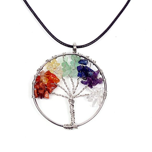 Crystal Quartz Natural Gemstone 7 Chakra Healing Tree of Life Pendant Necklace - Picture 5 of 8
